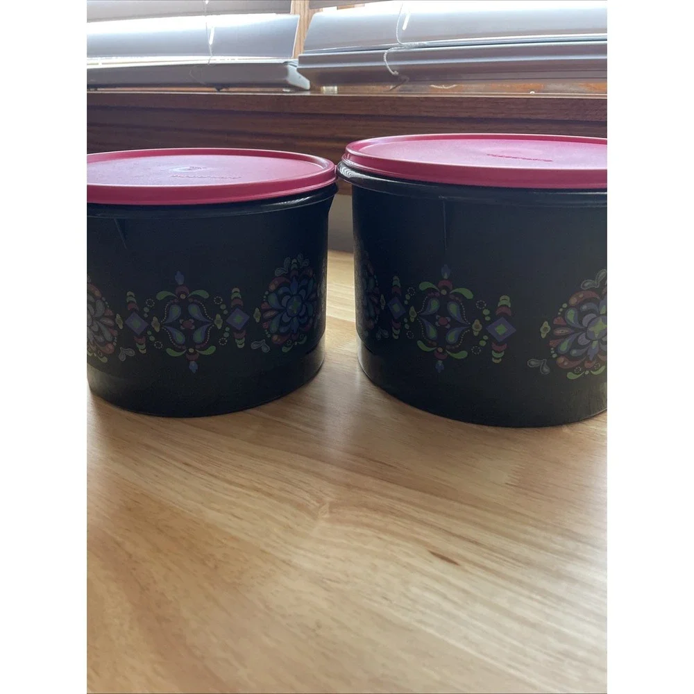 Tupperware Canister Set 2pc Black Pink Floral Medallion Round Storage Containers
